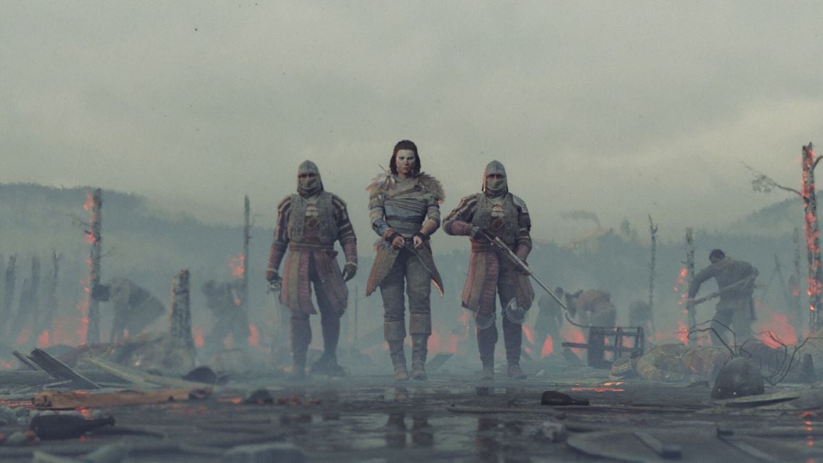 A captive is escorted by two guards in a worn battlefield. Promotional image for GreedFall 2