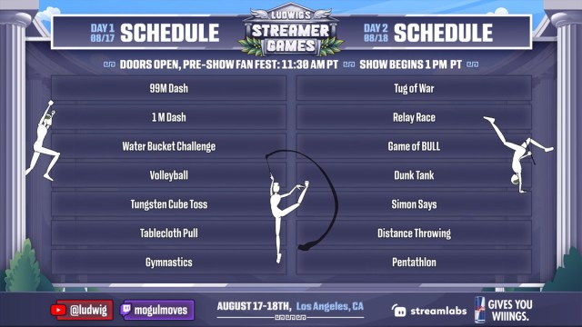 The full schedule for Ludwig's Streamer Games.