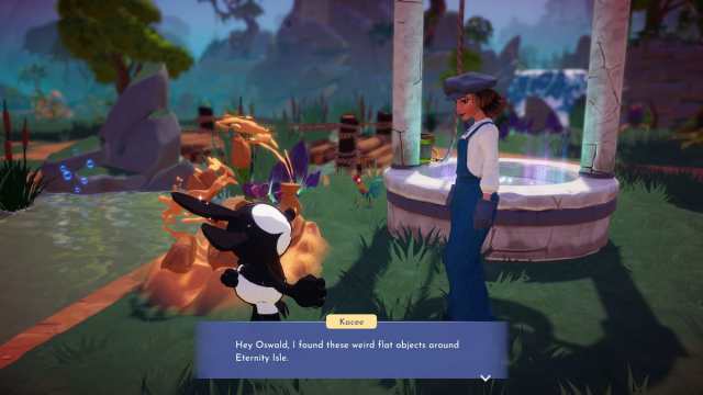 Talking with Oswald about 2D objects in Disney Dreamlight Valley.