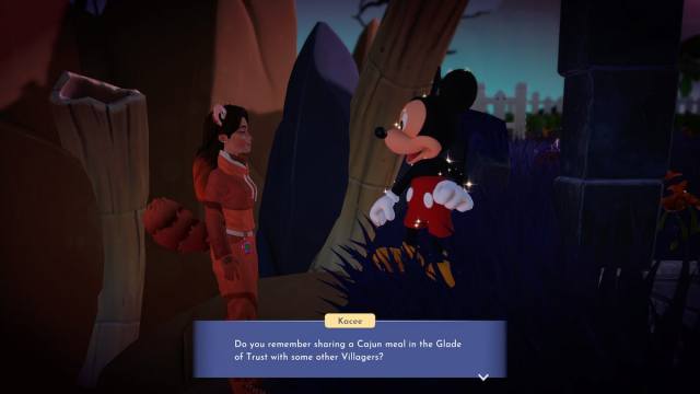 Talking with Mickey about a Cajun meal in Disney Dreamlight Valley.