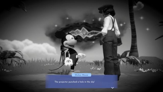 Talking with Mickey Mouse on the Black and White Island in Disney Dreamlight Valley.