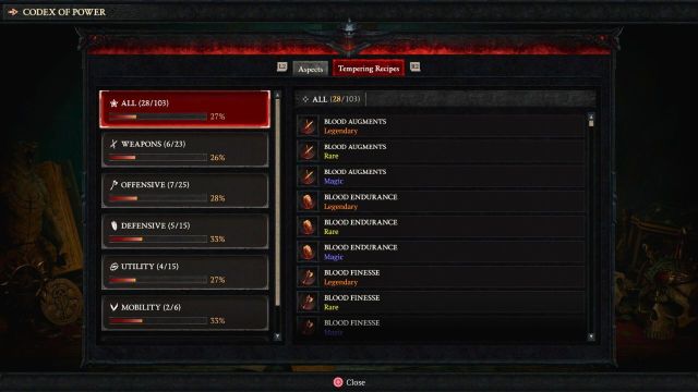 A list of available learned Temper recipes in Diablo 4 season five