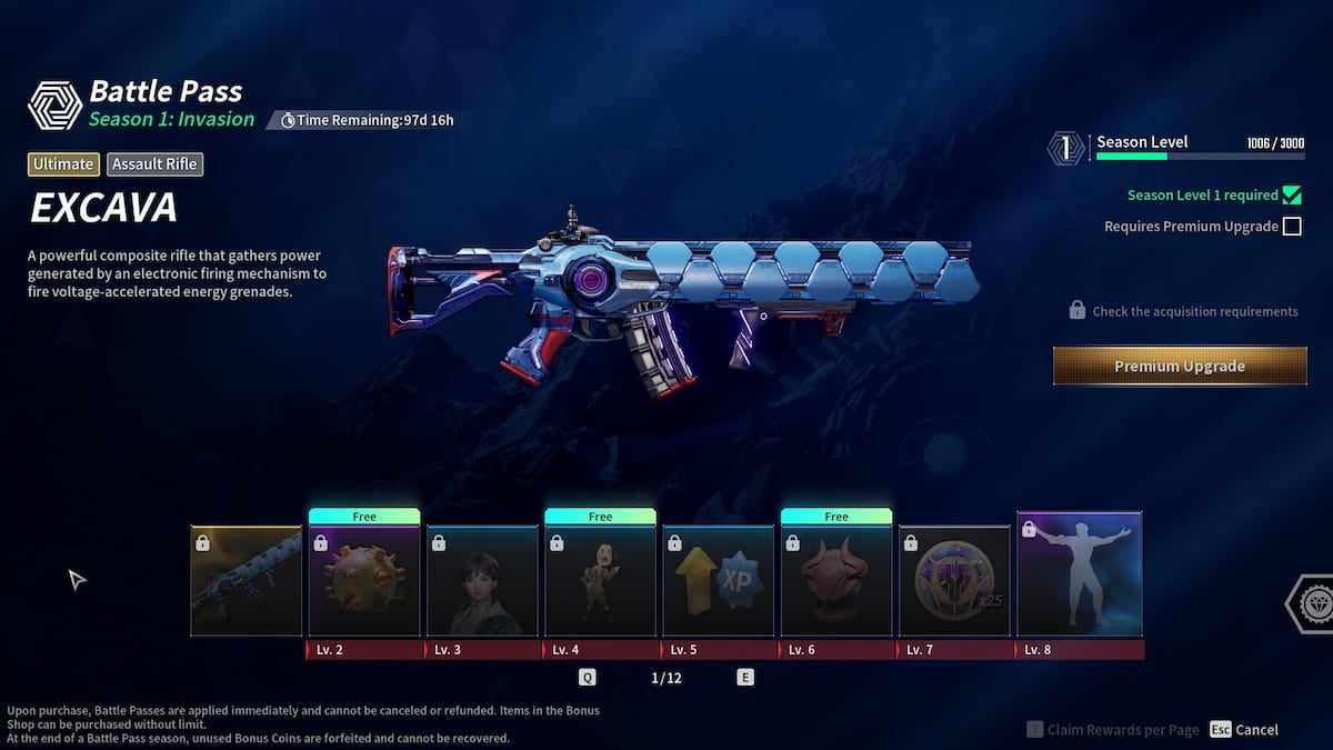 Excava assault rifle weapon in The First Descendant season one battle pass