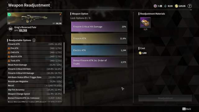 Greg's Reversed Fate in weapon readjustment menu The First Descendant