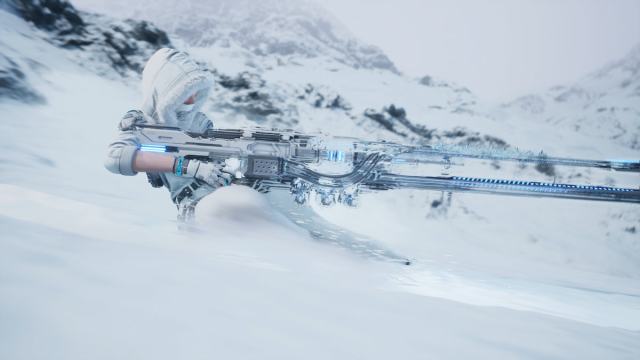 Hailey sliding down the snow mountain with a sniper rifle in The First Descendant