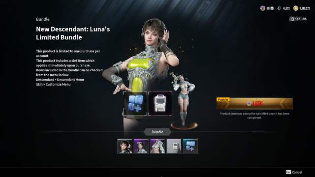 Luna's character bundle in The First Descendant featuring a grey pool party skin