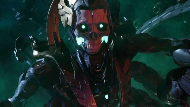 Boss with a skull face looking a the camera in The First Descendant