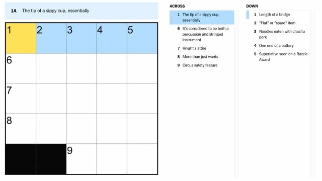 the tup of a sippy cup essentially clue highlighted in yellow and blue on the nyt mini crossword