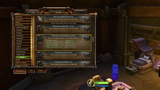 A list of achievements in wow the war within and the ones completed for the treasures of the ringing deep