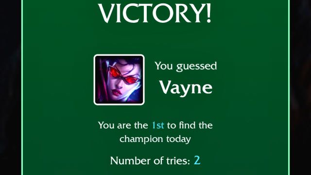 A victory message next to Vayne's square image for the Aug. 7 Loldle quote answer