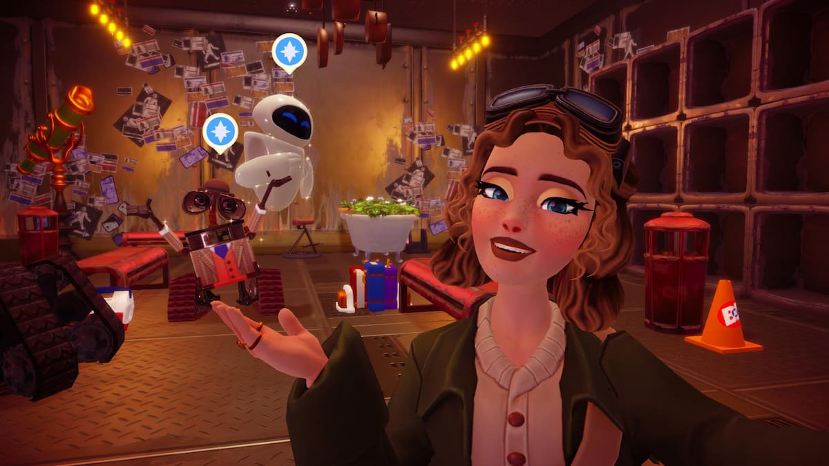 Taking a picture with Wall-E and Eve in Wall-E's house in Disney Dreamlight Valley. 