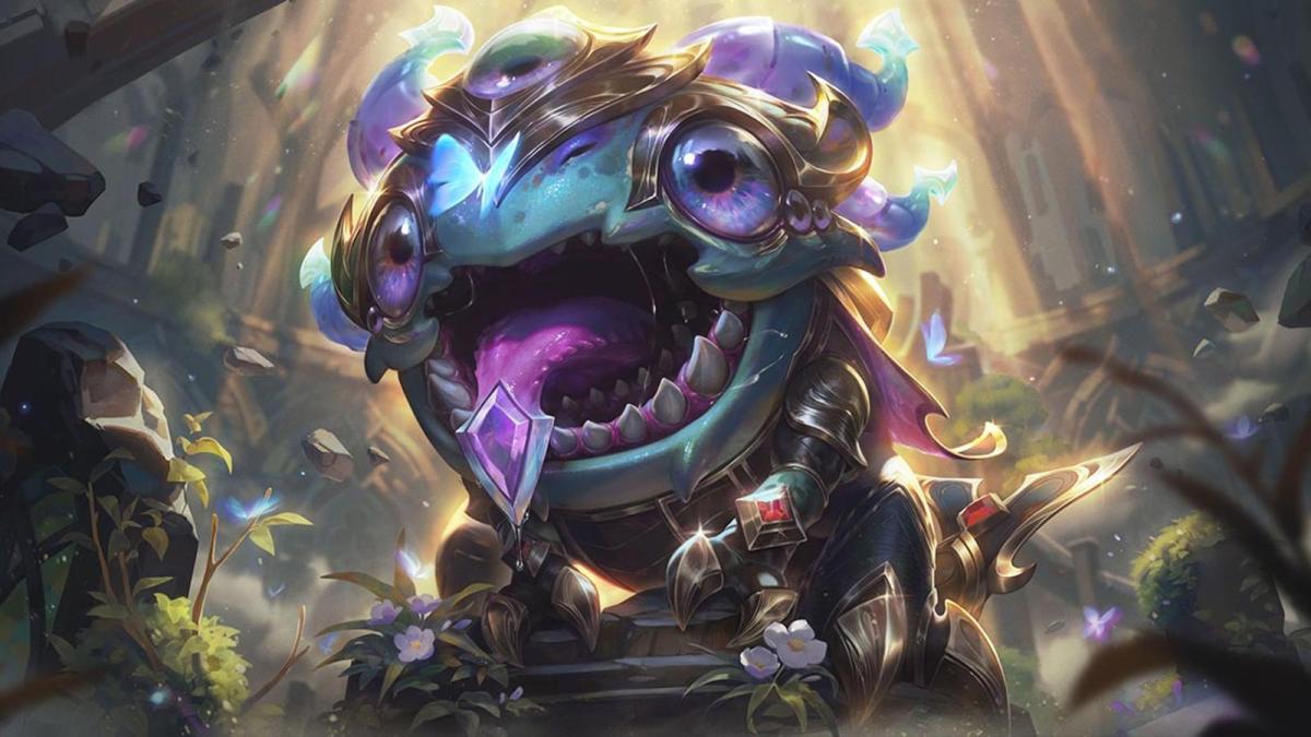 Victorious Kog'Maw from League of Legends drools with his mouth wide open. The Void creature is dressed in purple and gold armor and appears very happy.