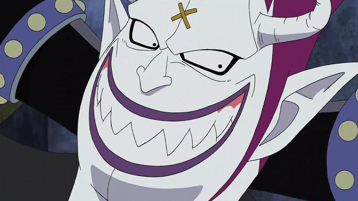 Gecko Moria from One Piece, a large white-faced rotund pirate, smiles quite close to the edges of the image frame.