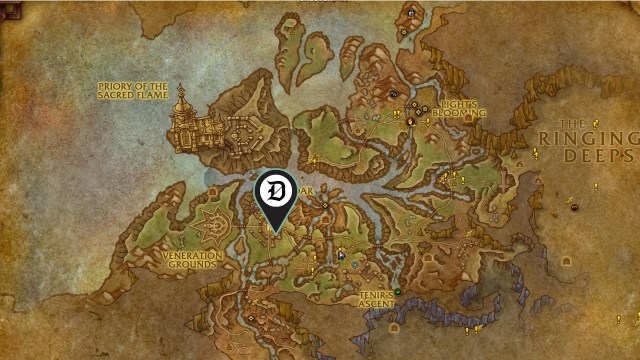 A Dot Esports marker showing the mapped location of the wow the war within mining treasure archaeologist excavator