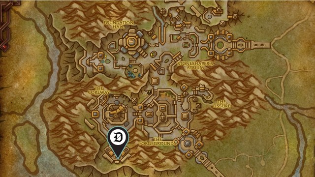 A Dot Esports marker showing the mapped location of the wow the war within mining treasure dornogal chisel