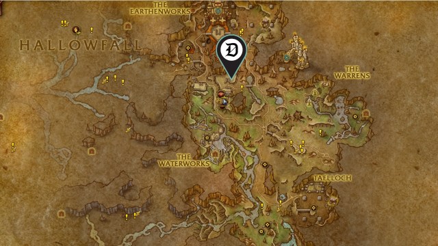 A Dot Esports marker showing the mapped location of the wow the war within mining treasure excavator shovel