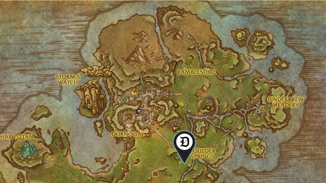 A Dot Esports marker showing the mapped location of the wow the war within mining treasure miner's gavel