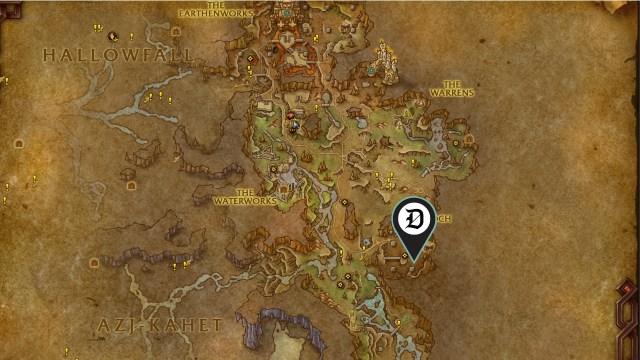 A Dot Esports marker showing the mapped location of the wow the war within mining treasure regenerating ore