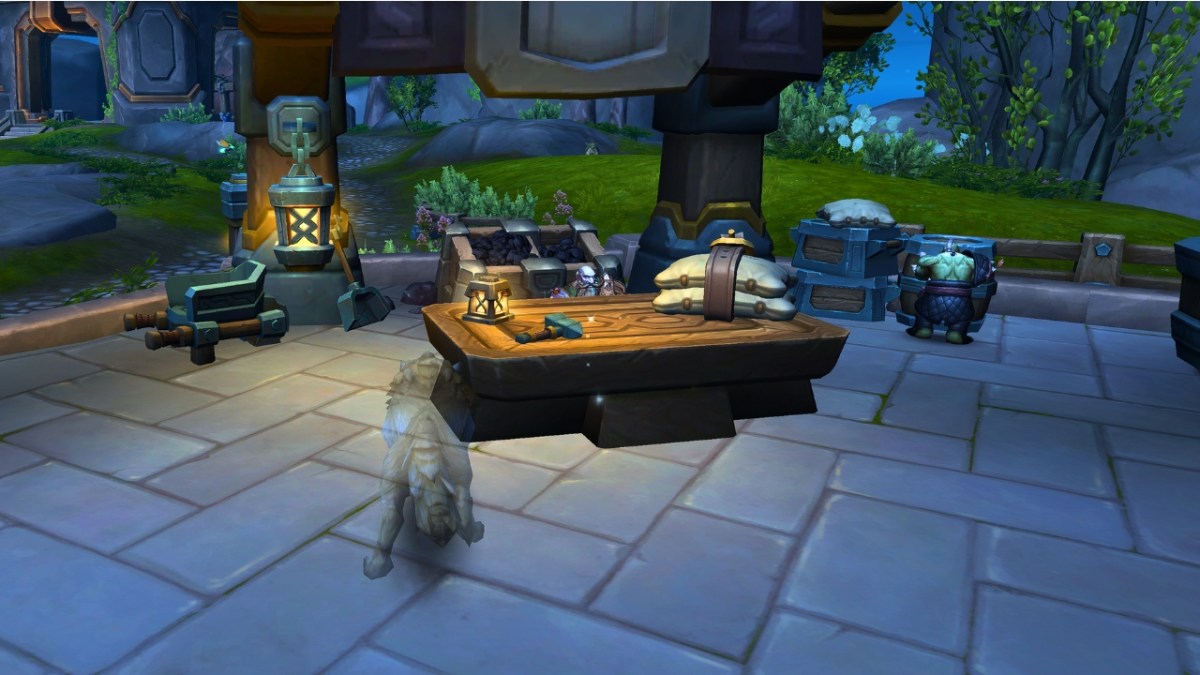 A wolf standing next to a table with a mining treasure in wow the war within