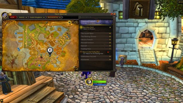 A player standing in the trade center with the map open and a marker showing player's location