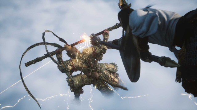 Sun Wukong standing on his feet blocks a staff attack while on the clouds in Black Myth Wukong.