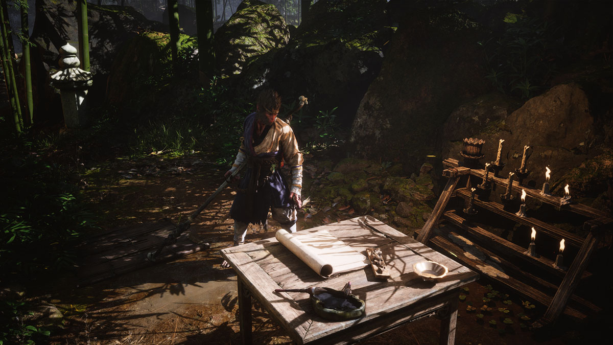 A character stands over a small desk in a bamboo forest in Black Myth Wukong.