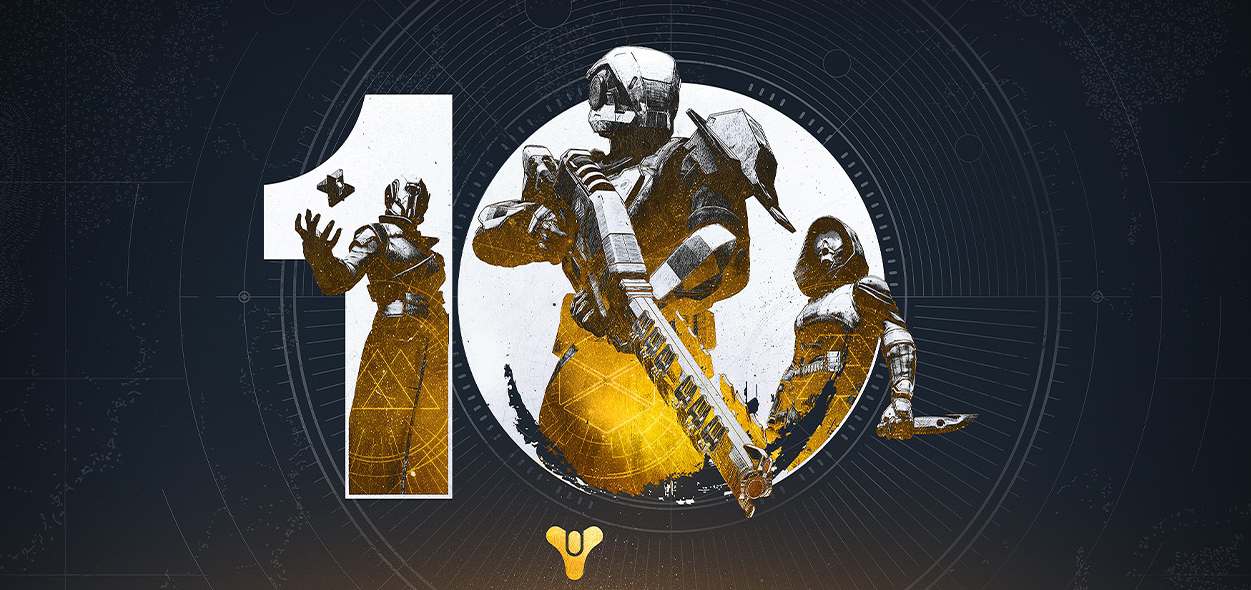 The banner for the 10th anniversary in Destiny 2, with a guardian holding Ice Breaker.