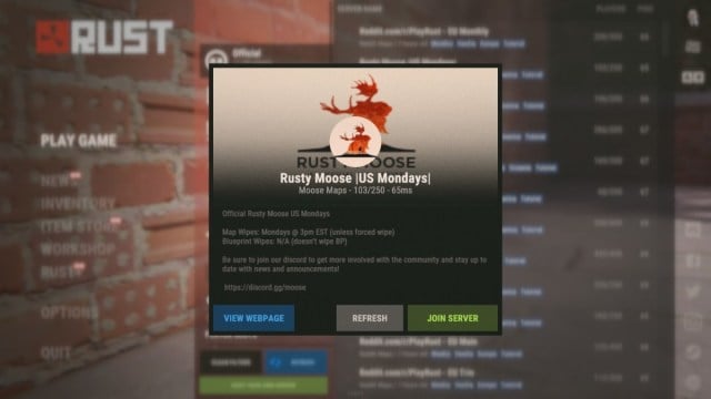 Rusty Moose server join page with info about the server's wipe timings