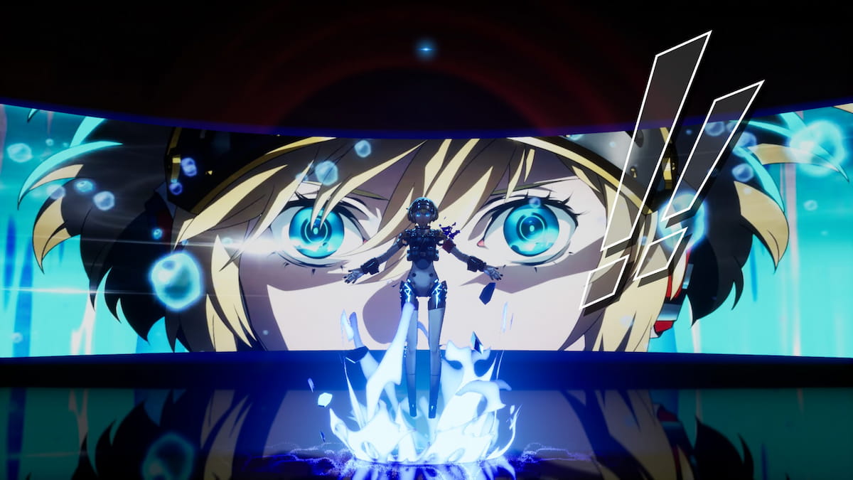 Aigis summoning her Persona using the Heavy Infiltration Gear from Persona 3 Reload's Episode Aigis.