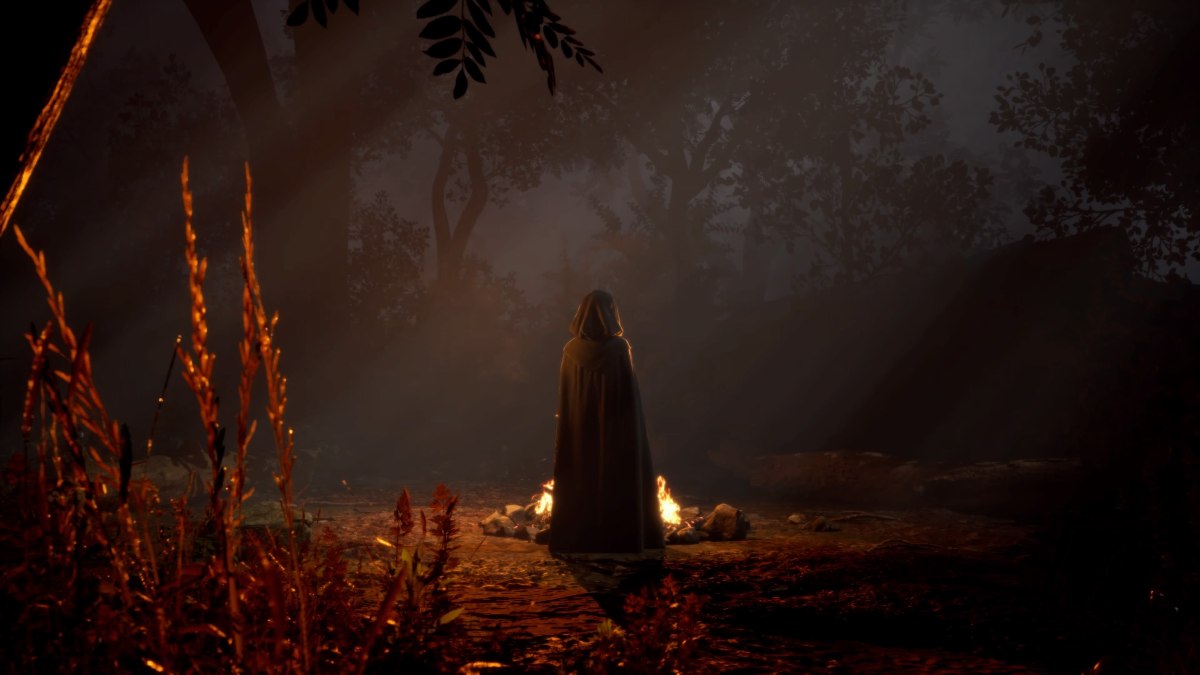 A wide shot of the back of Augustine, wearing a cloak, standing in front of the campfire