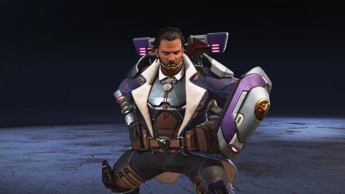 An image of the High Noon Herald Gibraltar skin in Apex Legends, which decorates him with a purple jacket.