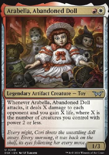 Annabelle raggady anne lookalike doll in red and white with red bow and white hat surrounded by ohter dolls in MTG Duskmourn set