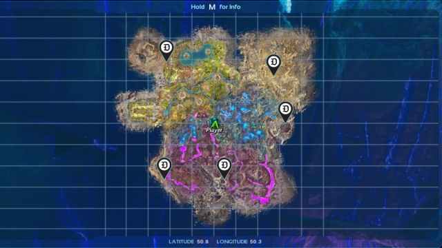 A screenshot of the Aberration map in Ark Survival Ascended with locations marked.