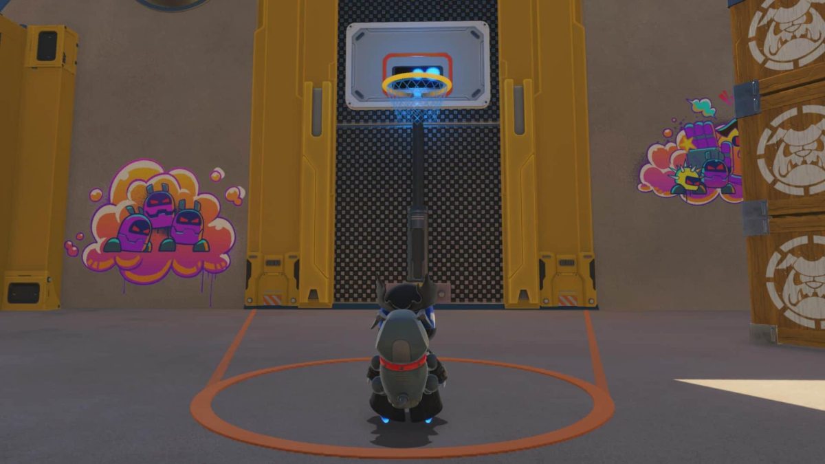 astro looking at basketball hoop in construction derby level