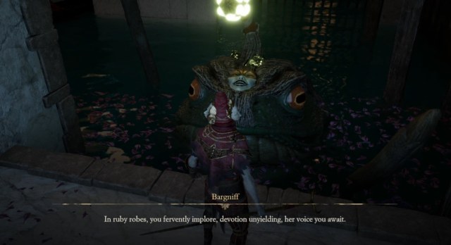 The main character in Enotria: The Last Song wears the Vermiglio Mask in front of a bullfrog-like creature, Bargniff in a canal.