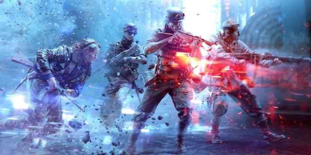 The Battlefield V Cover Art featuring 4 soldiers in bright blue and red colors