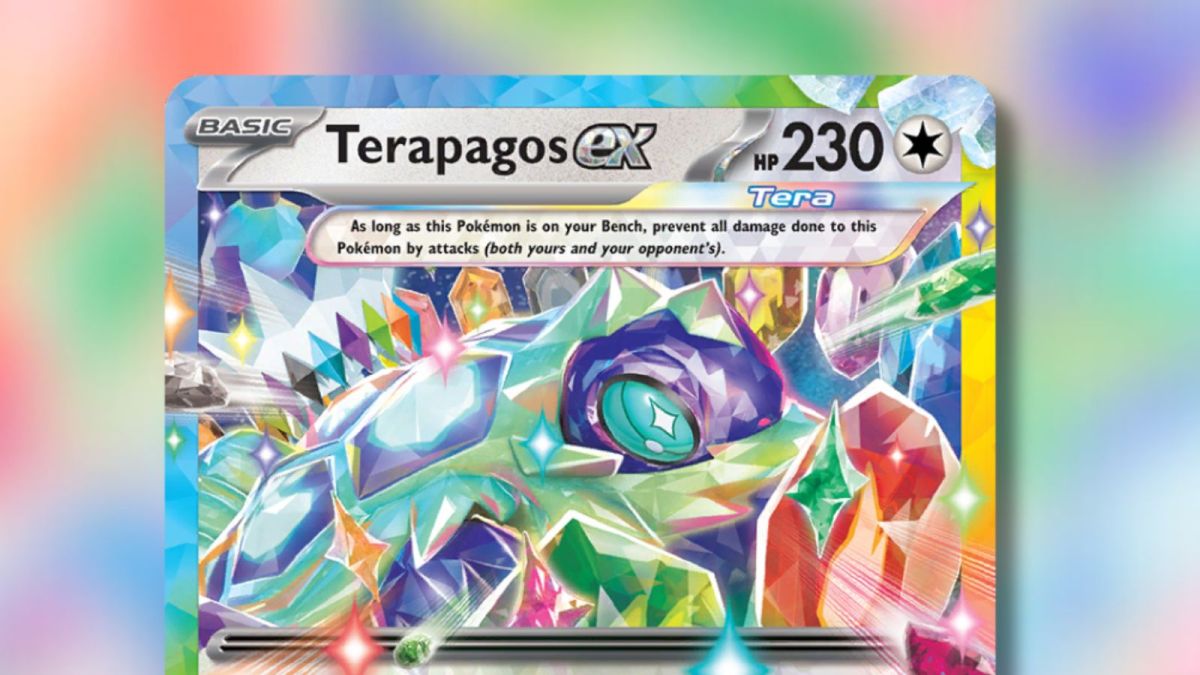 Terapagos ex Pokemon card with rainbow background.