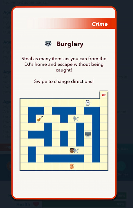 Picture showing the maze mini game to rob a house in Bitlife.