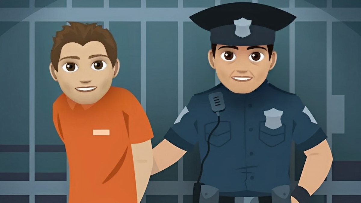 Picture showing a cop holding a criminal in a prison in Bitlife.