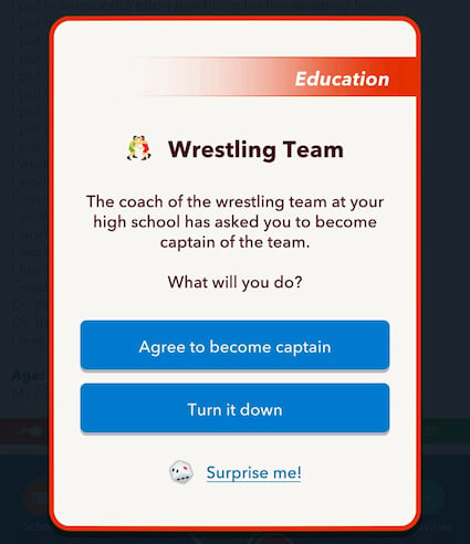 Picture showing the Wrestling team captain box in Bro Athlete challenge while playing Bitlife.