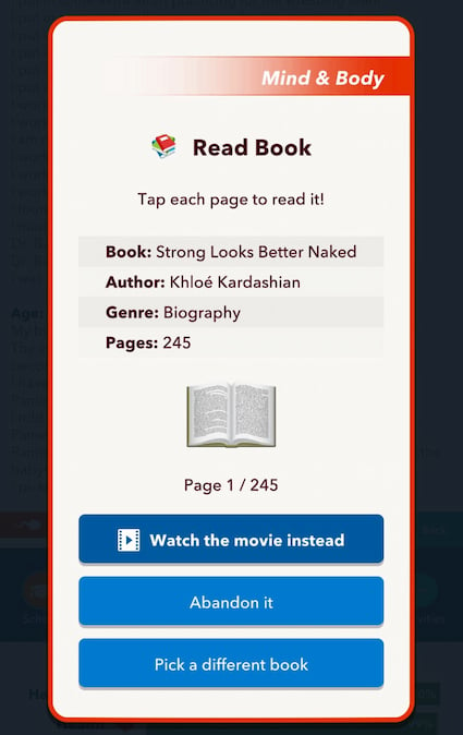 Picture showing the Strong Looks Better Naked book in Bro Athlete challenge while playing Bitlife.