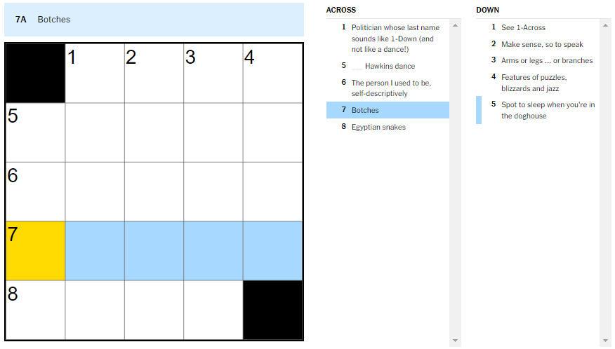 Picture showing the Botches clue in NYT Mini Crossword.