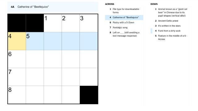 The clue, Catherine of Beetlejuice, highlighted in blue and yellow on the Sept. 5 NYT Mini Crossword puzzle