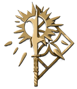 A golden symbol of a serrated polearm against a sun-like pattern