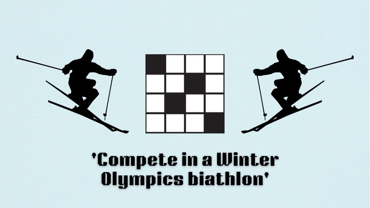 Picture showing the compete in a Winter Olympics biathlon clue cover in NYT Mini Crossword.