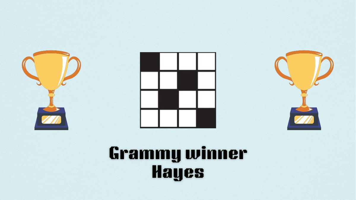 A blank crossword with trophy images to either side. "Grammy winner Hayes" is written below it.