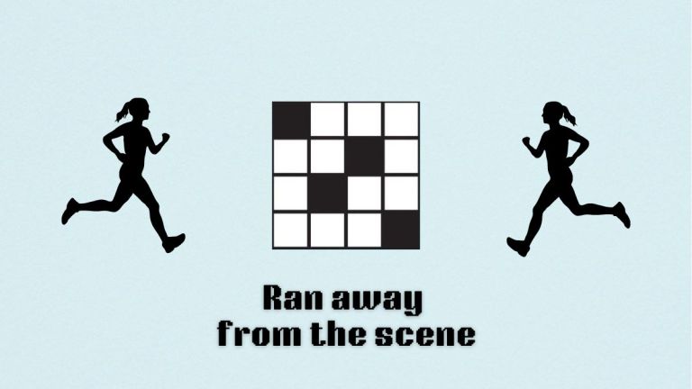 A blank crossword with "ran away from the scene" written below it and a graphic of a female runner to either side