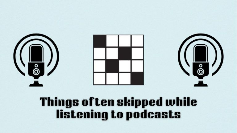 Blank crossword with "Things often skipped while listening to podcasts" written below it and microphone graphics to either side