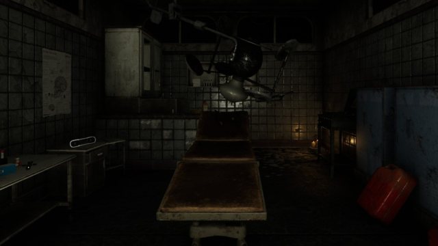 An establishing shot of The Asylum with an operation chair in the center and lights above it