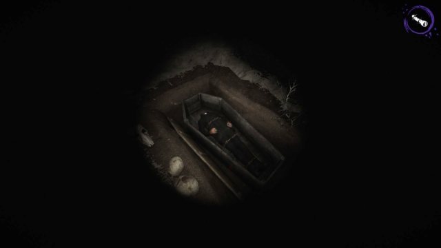 Looking down at a headless corpse inside an open coffin